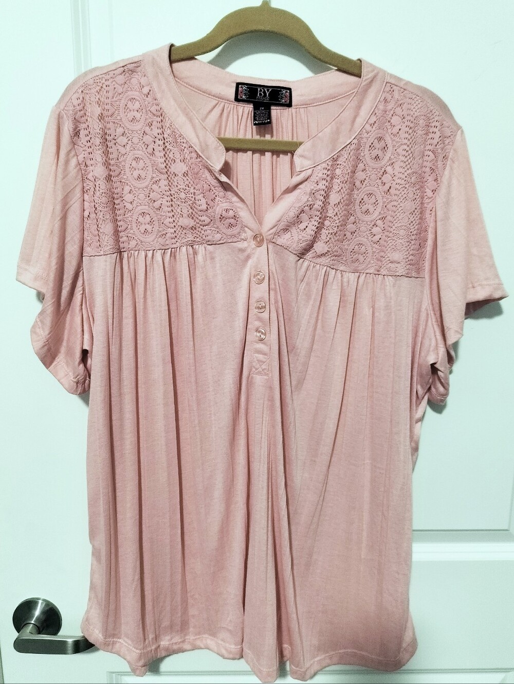 BY Design Women's 2X Soft Pink Lace Yoke Henley Blouse